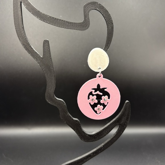 Pink Strawberry Dangle Earrings With Rhinestones - Picture 4 of 5